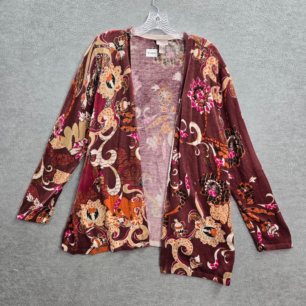 Chico's Women Sweater 3 Red‎ Floral Touch of Cashmere Mixed Soiree Cardigan Open